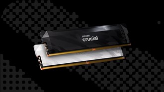 Crucial DDR5 Pro DRAM black and white modules on a textured black background